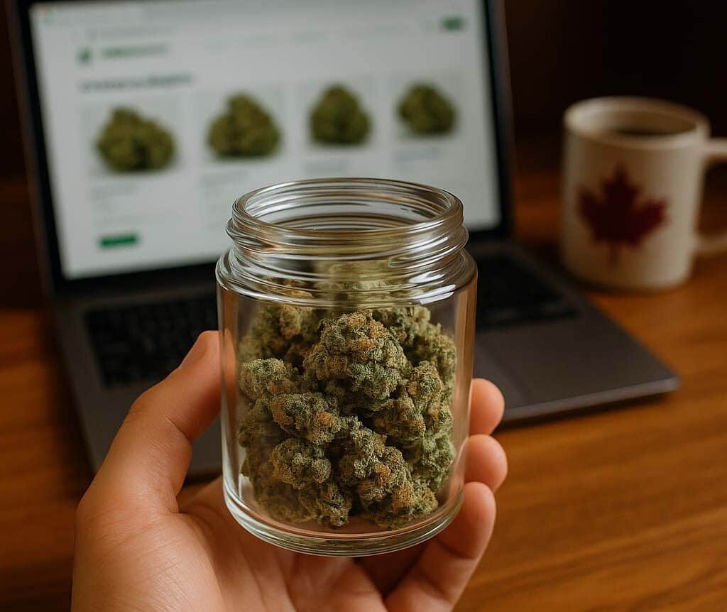 A hand holds a jar of indica cannabis buds in front of a laptop displaying an online dispensary, with a maple leaf mug beside it.