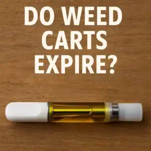 THC vape cartridge on a wooden surface with the headline ‘Do Weed Carts Expire?