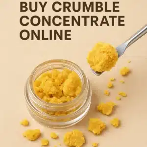 Dab tool lifting a scoop of golden cannabis crumble above an open jar on a beige background; scattered crumble pieces and headline text.