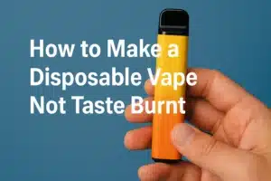 Person holding a yellow-orange disposable vape with on-image title “How to Make a Disposable Vape Not Taste Burnt.”