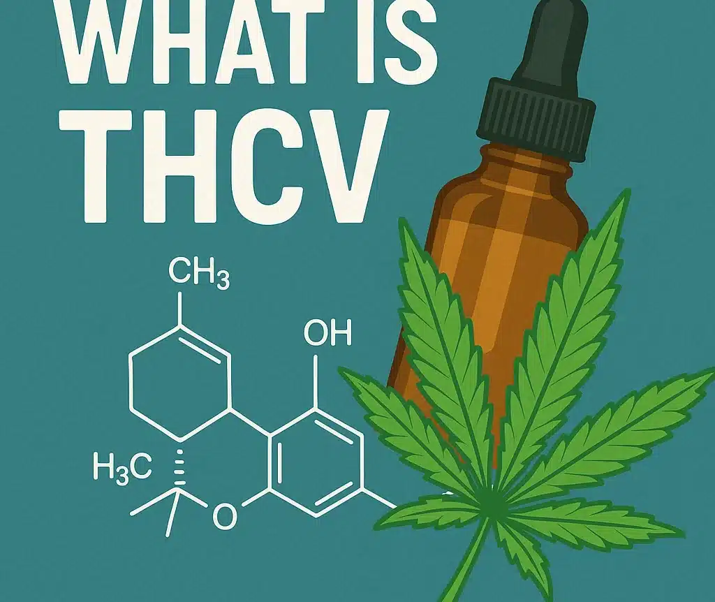 Illustration of a dropper bottle and cannabis leaf overlaid with the THCV molecule and the headline “What Is THCV”.