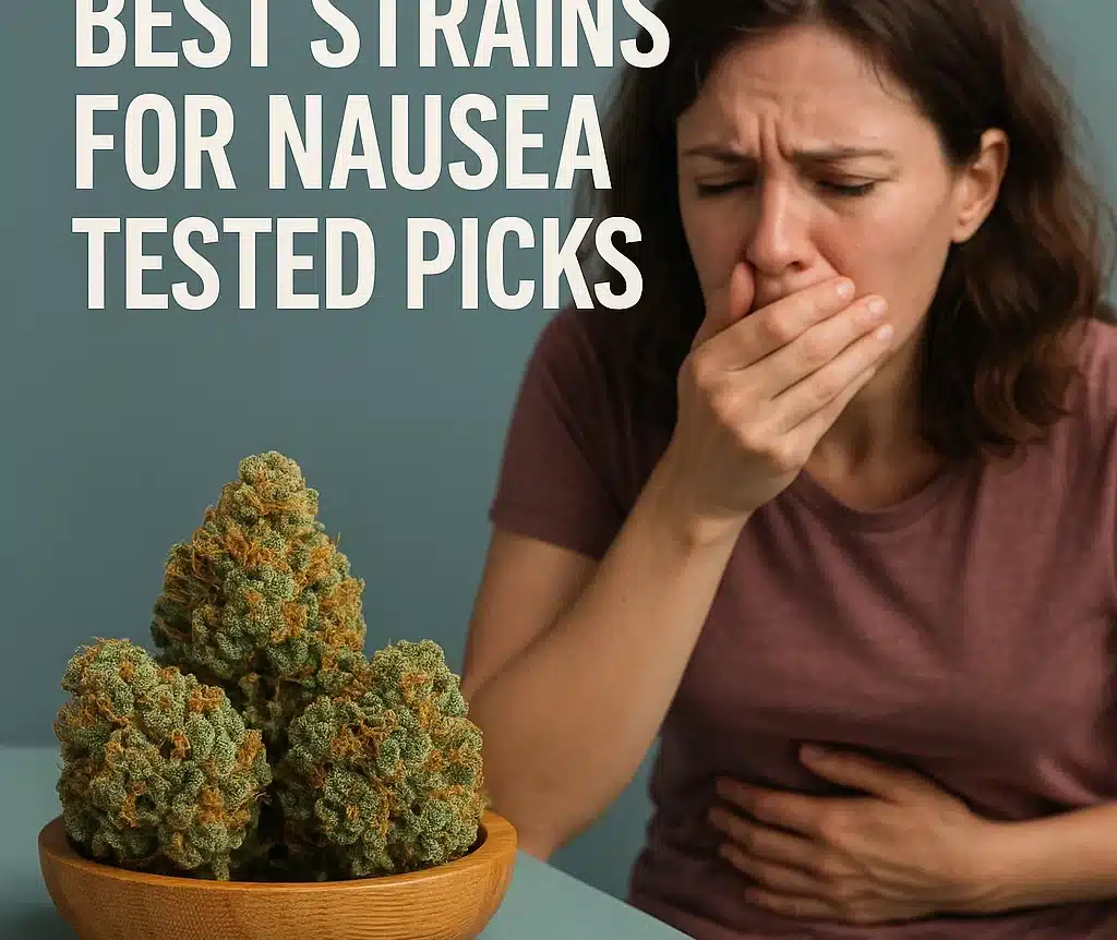 Woman holding her stomach and covering her mouth beside a bowl of dense cannabis buds.