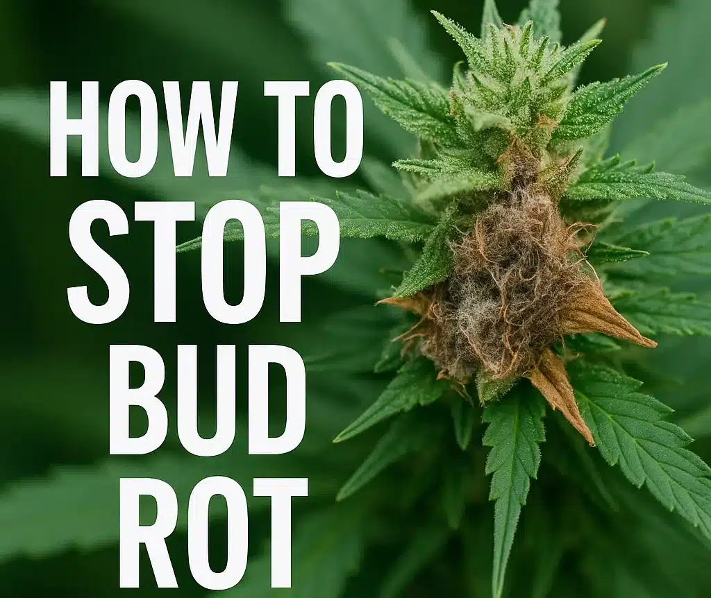 Cannabis bud with brown, fuzzy mold clustered at the center, surrounded by green leaves.