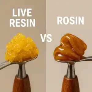 Dabbing tools holding live resin crystals and glossy rosin with “VS” text.
