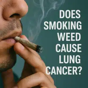 Close-up of a person smoking a cannabis joint with the text “Does Smoking Weed Cause Lung Cancer?” on a teal background.