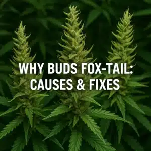 Close-up of three cannabis colas with pronounced foxtailing (stacked, spiky bracts) under the headline “Why Buds Fox-Tail: Causes & Fixes.”