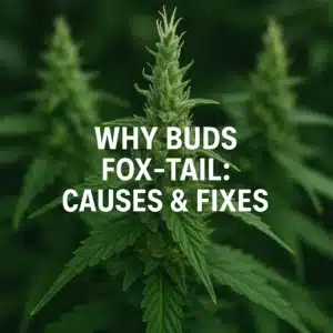 Single cannabis cola displaying foxtailing with narrow, pointed stacks of bracts; text overlay reads “Why Buds Fox-Tail: Causes & Fixes.”