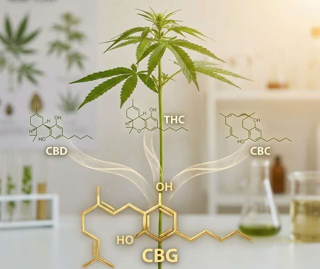 A young cannabis plant in a laboratory setting with an overlay of the CBG chemical structure branching upward into CBD, THC, and CBC structures.