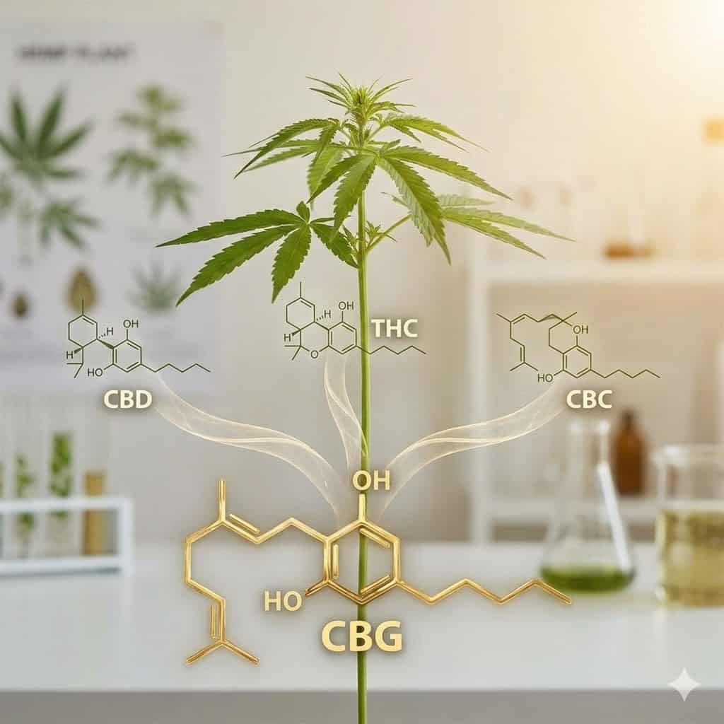 A young cannabis plant in a laboratory setting with an overlay of the CBG chemical structure branching upward into CBD, THC, and CBC structures.
