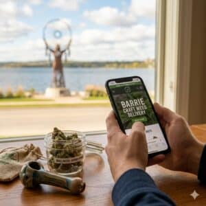 Hands holding a smartphone to order Barrie craft weed delivery, sitting indoors at a wooden table with a pipe and a jar of small-batch cannabis, with the Spirit Catcher visible through the window.
