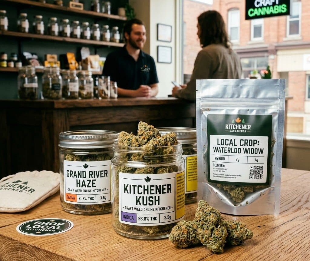 A glass jar of "Kitchener Kush" craft cannabis on a wooden table in a Kitchener, Ontario dispensary with a budtender in the background.