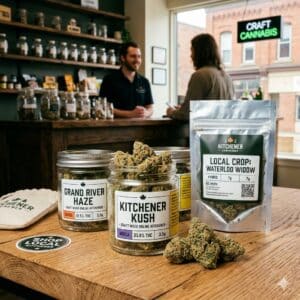 A glass jar of Kitchener Kush craft cannabis on a wooden table in a Kitchener Ontario dispensary with a budtender in the background.